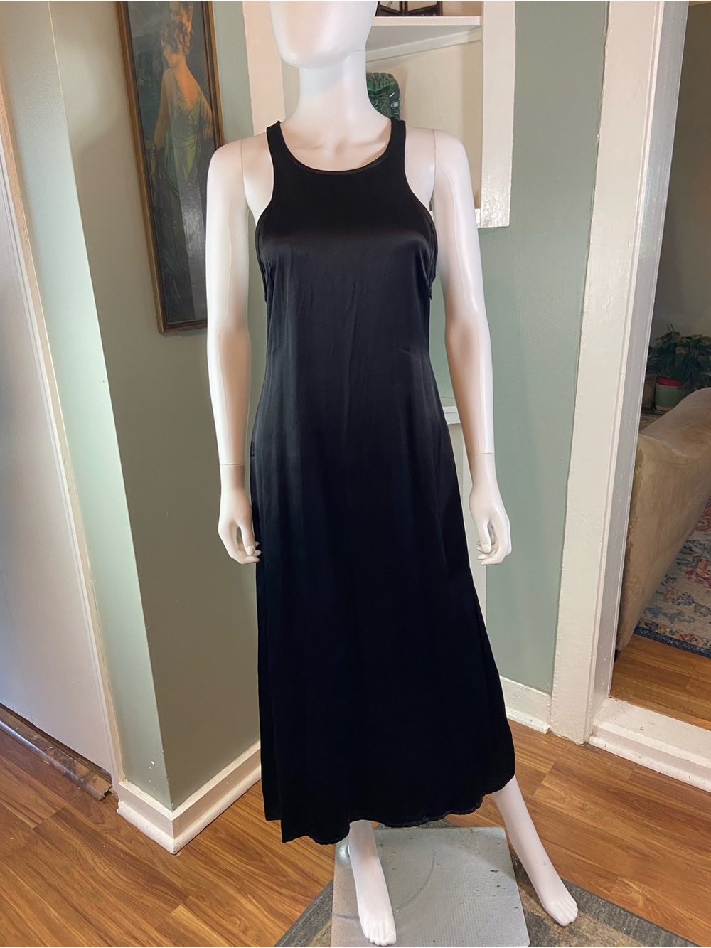 Uncle Studios Black Satin Racerback Maxi/Midi Slip Dress Small S